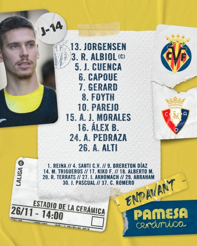 Ya se conocen los onces del Villarreal - Osasuna Ya se conocen los onces del Villarreal - Osasuna